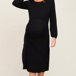 Black Long Sleeve Ruched Maternity Midi Dress